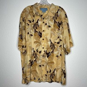 Bermuda Bay 100% Silk Beige Toucan Hawaiian Short Sleeve Button Up Shirt Size XL